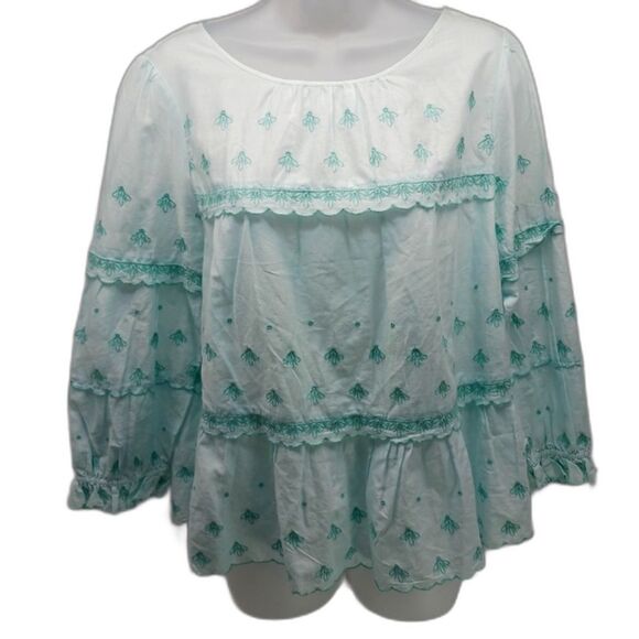 KAARI BLUE Embroidered Tiered Ruffle Trim Peasant Blouse Women's L. 100% Cotton. - Picture 1 of 12